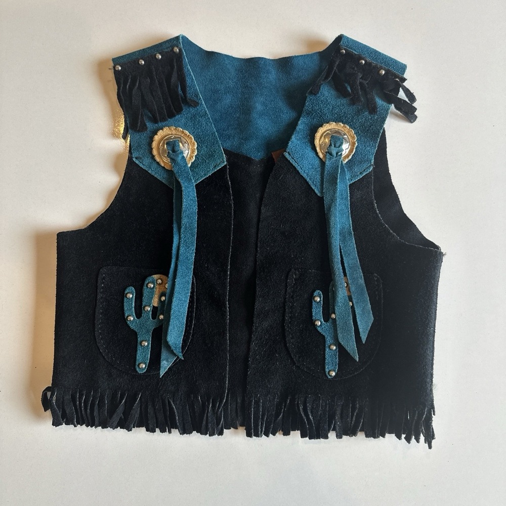 Vtg Cowgirl Child's Dress up 100% Genuine Leather Suede Black Teal Vest Small
